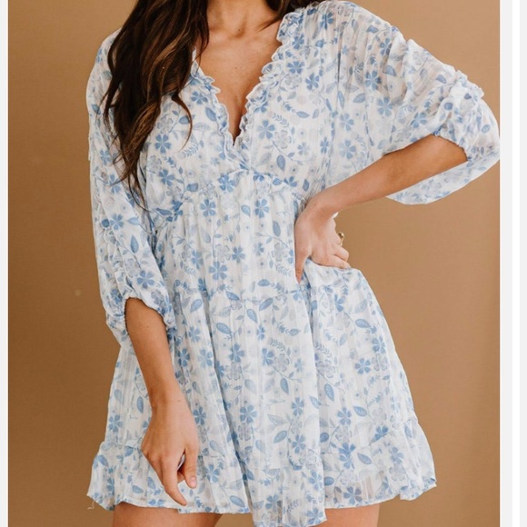 ASOS Dresses & Skirts - ASOS Blue and white babydoll lace ruffle tiered mini dress